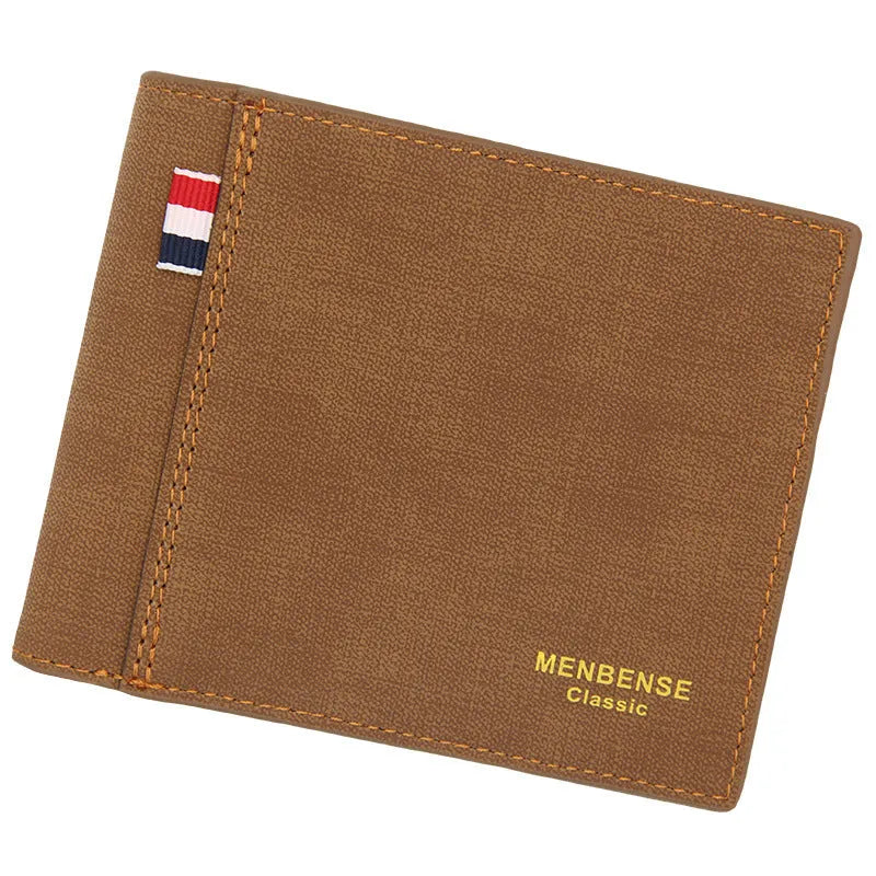 Men's retro-style tri-fold wallet shown in black, navy blue, dark brown, and light brown colour options.
