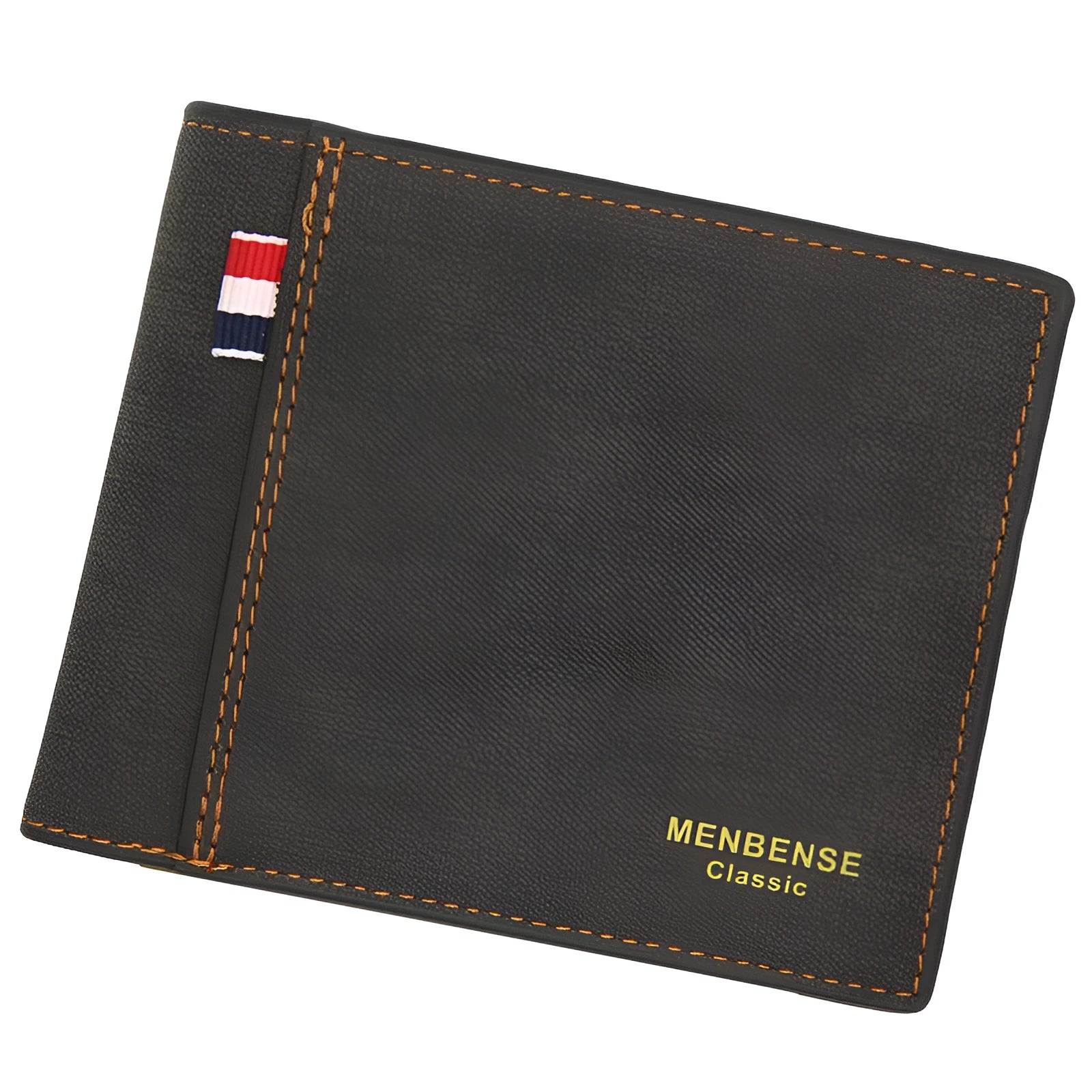 Men's retro-style tri-fold wallet shown in black, navy blue, dark brown, and light brown colour options.