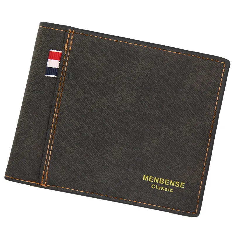 Men's retro-style tri-fold wallet shown in black, navy blue, dark brown, and light brown colour options.