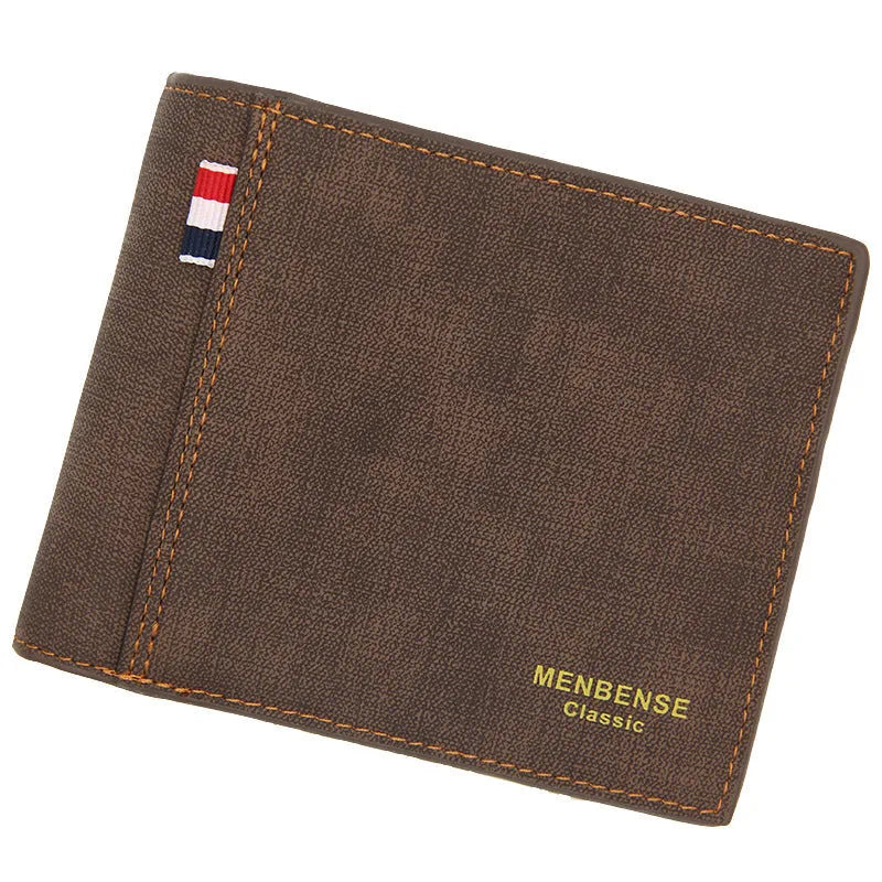 Men's retro-style tri-fold wallet shown in black, navy blue, dark brown, and light brown colour options.