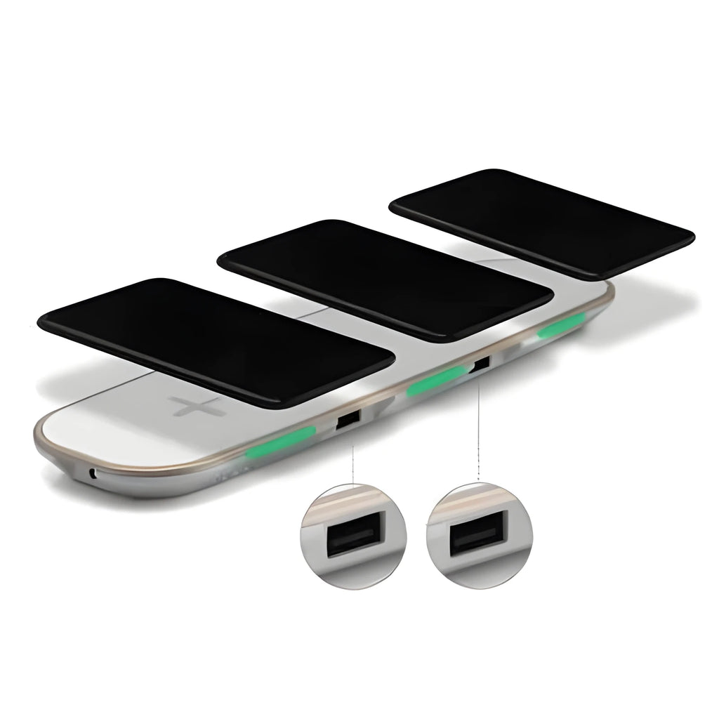 Black and white 3-in-1 Qi wireless charging pad station on a wooden desk.