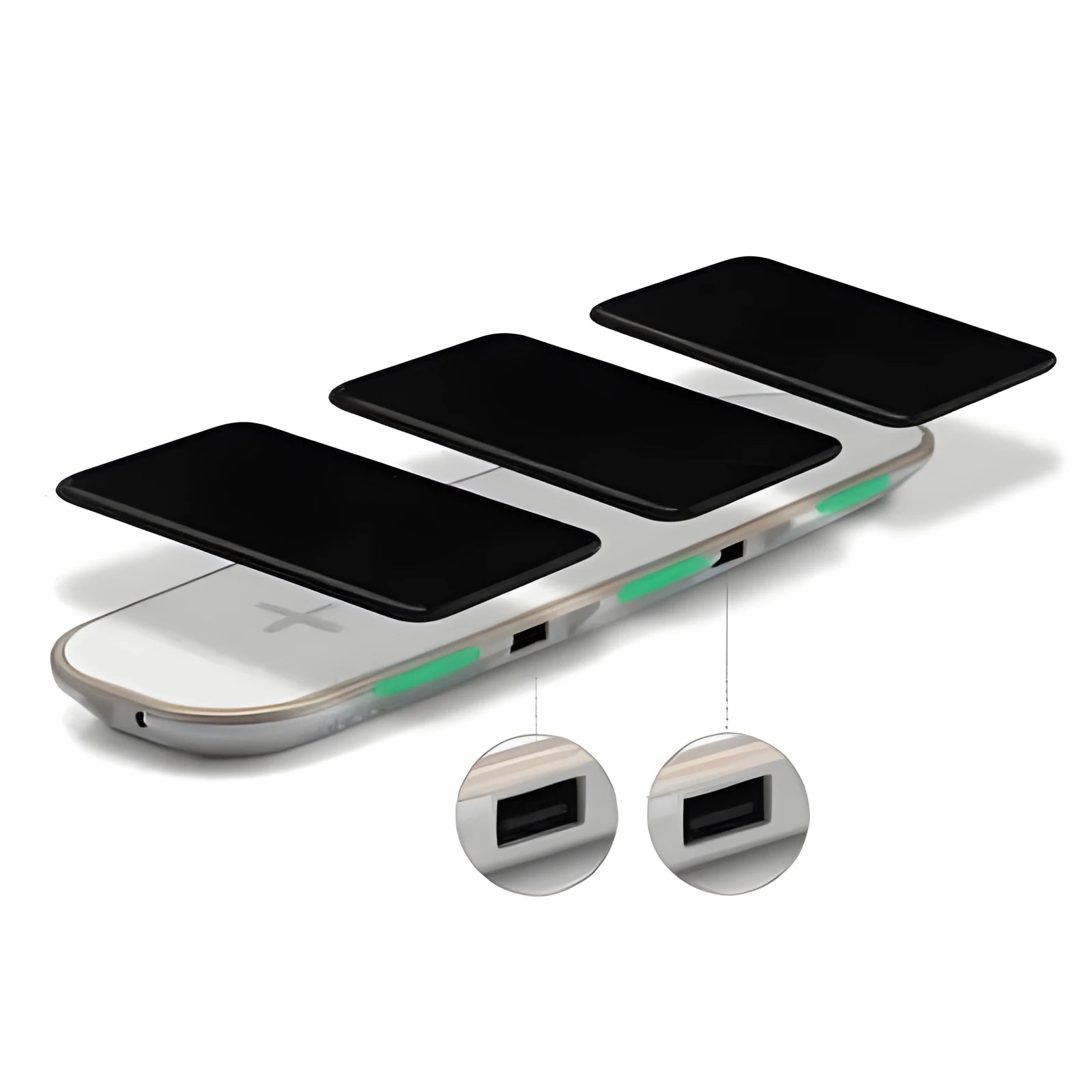 Black and white 3-in-1 Qi wireless charging pad station on a wooden desk.