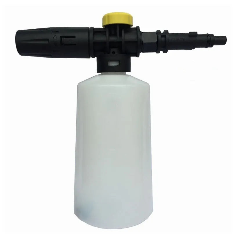 High pressure foam gun with 750ml transparent pot and copper nozzle on grey background