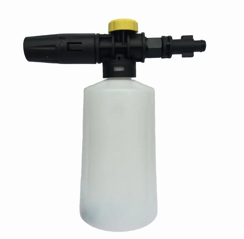 High pressure foam gun with 750ml transparent pot and copper nozzle on grey background