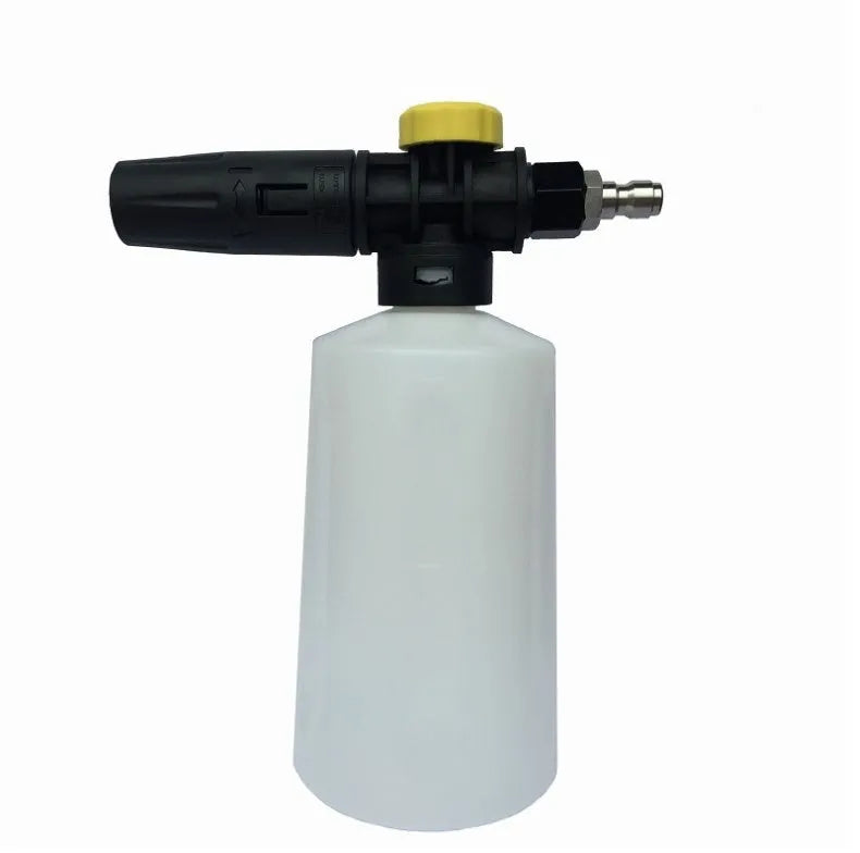 High pressure foam gun with 750ml transparent pot and copper nozzle on grey background