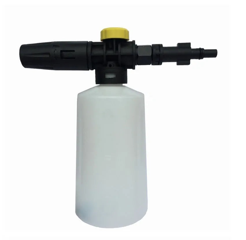 High pressure foam gun with 750ml transparent pot and copper nozzle on grey background