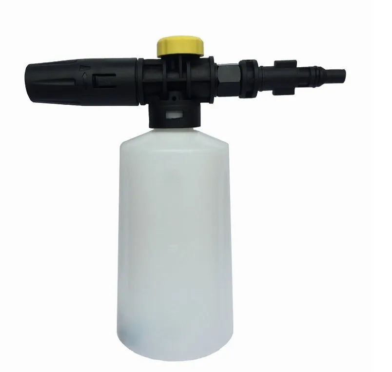 High pressure foam gun with 750ml transparent pot and copper nozzle on grey background