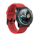 Black Android smart watch with round touchscreen display and silicone strap showing IP68 waterproof rating