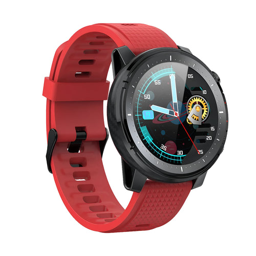 Black Android smart watch with round touchscreen display and silicone strap showing IP68 waterproof rating