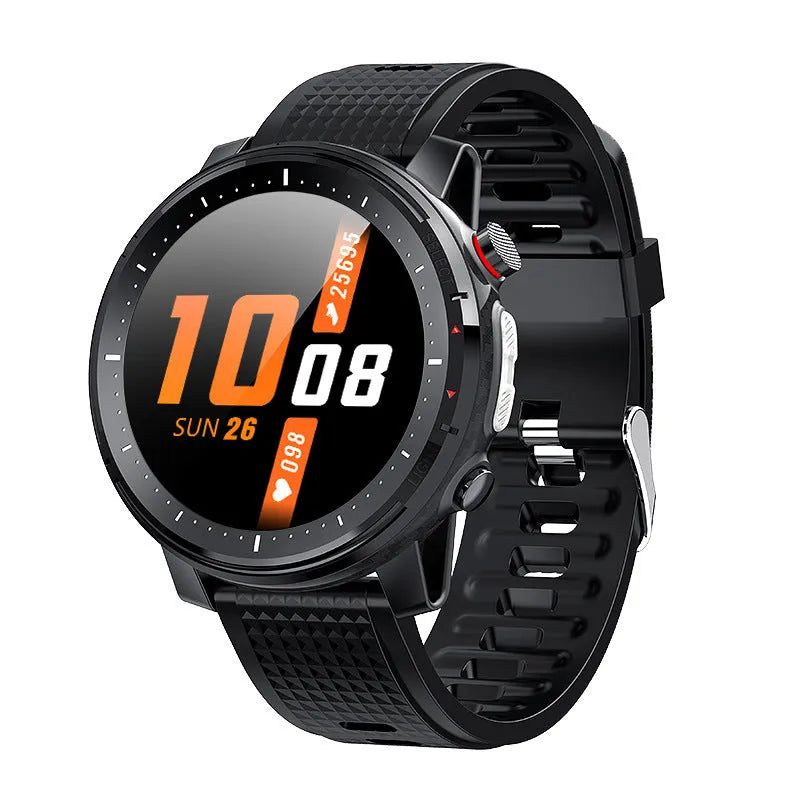 Black Android smart watch with round touchscreen display and silicone strap showing IP68 waterproof rating