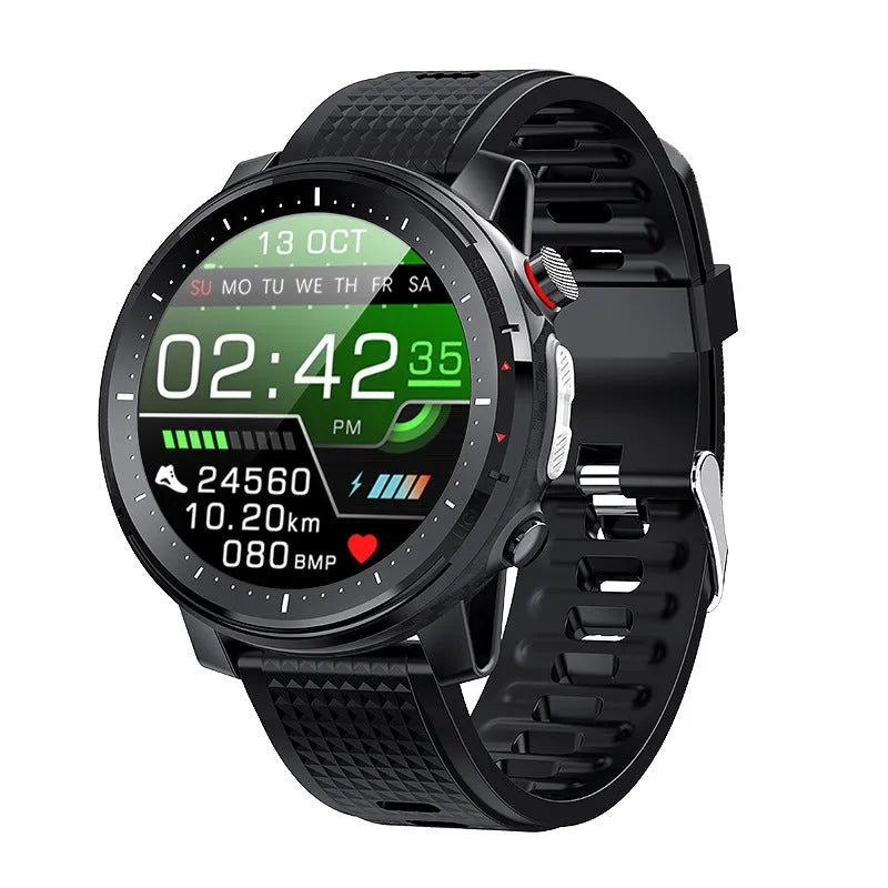 Black Android smart watch with round touchscreen display and silicone strap showing IP68 waterproof rating