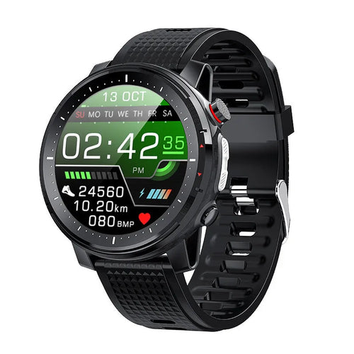 Black Android smart watch with round touchscreen display and silicone strap showing IP68 waterproof rating