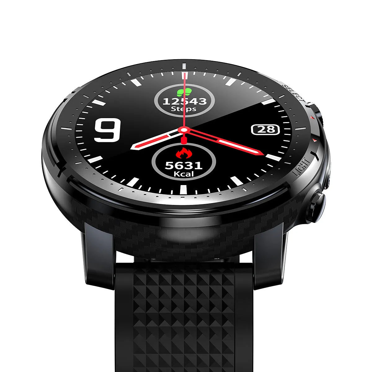 Black Android smart watch with round touchscreen display and silicone strap showing IP68 waterproof rating