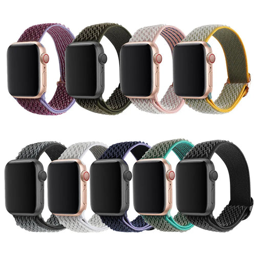 Braided nylon elastic strap for Apple Watch in various colours on a grey background.