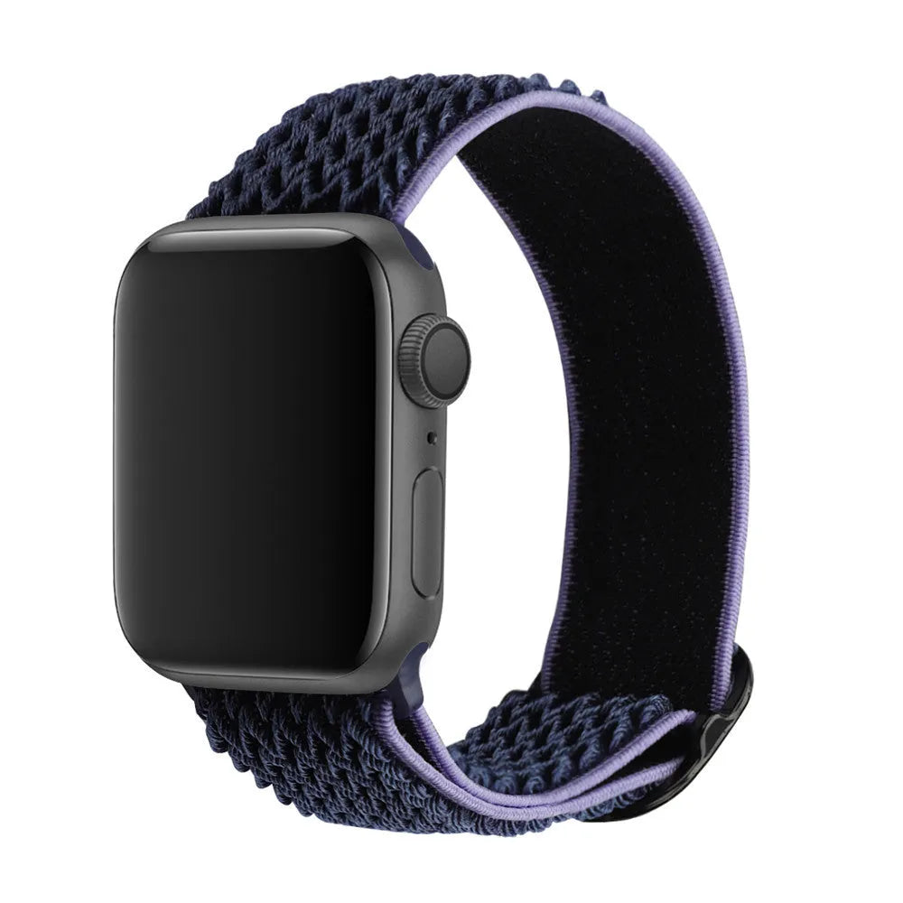 Braided nylon elastic strap for Apple Watch in various colours on a grey background.