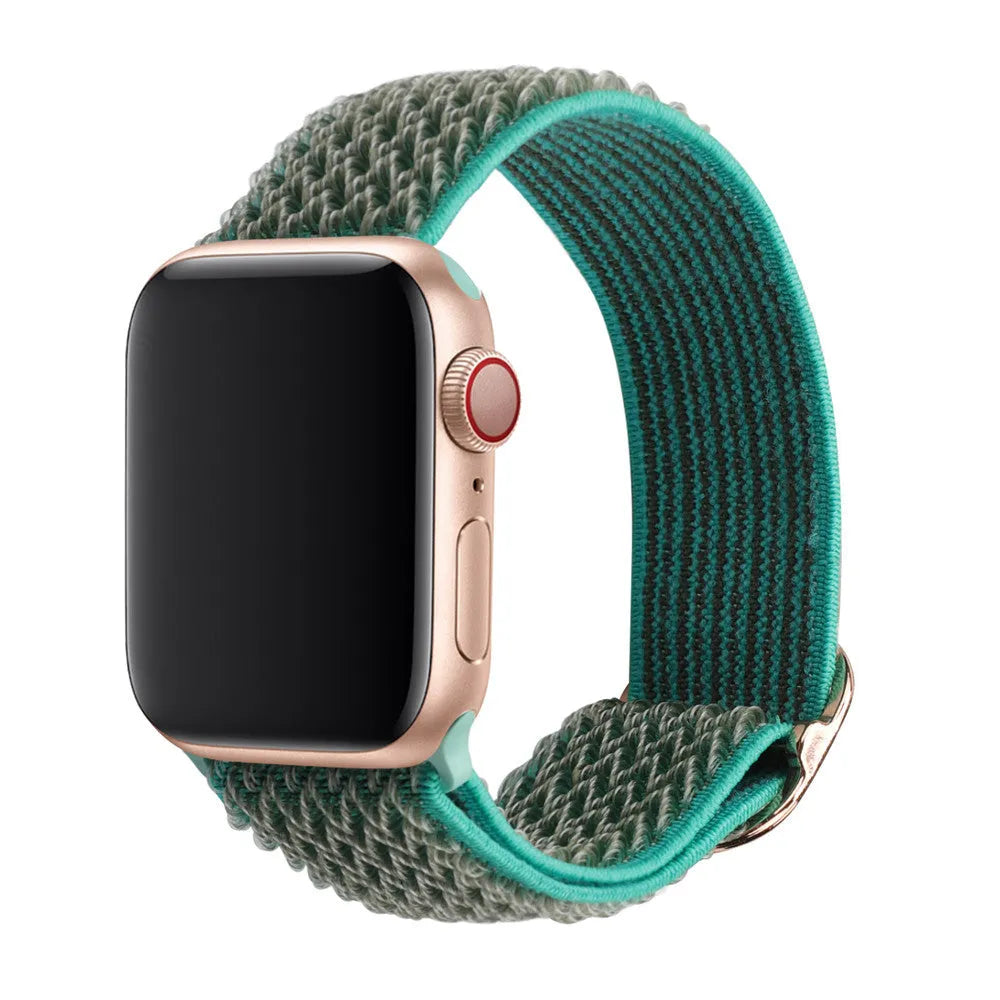 Braided nylon elastic strap for Apple Watch in various colours on a grey background.