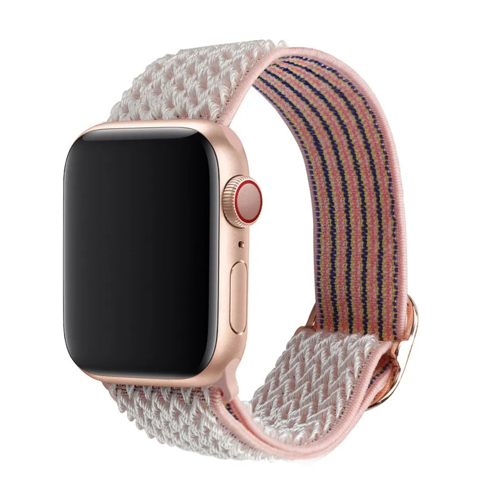 Braided nylon elastic strap for Apple Watch in various colours on a grey background.