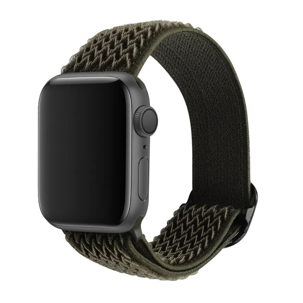 Braided nylon elastic strap for Apple Watch in various colours on a grey background.