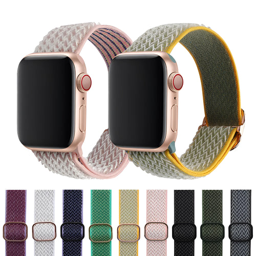 Braided nylon elastic strap for Apple Watch in various colours on a grey background.