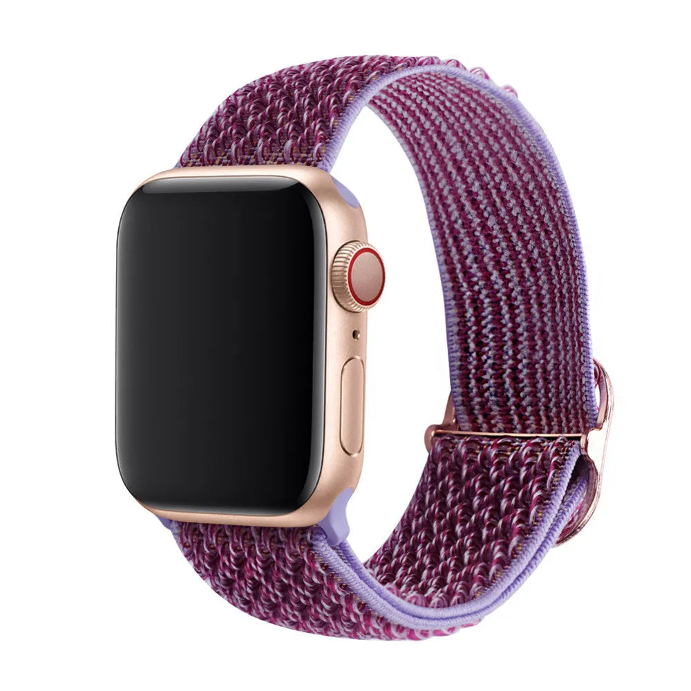 Braided nylon elastic strap for Apple Watch in various colours on a grey background.