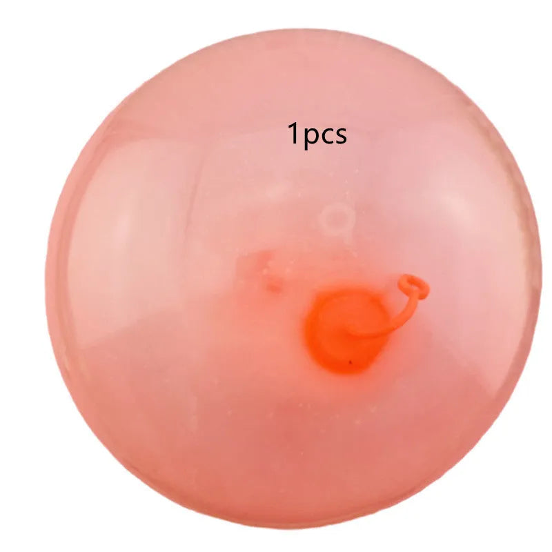 TPR inflatable ball toy in pink, yellow, green, and blue colours showing 40cm to 120cm size range
