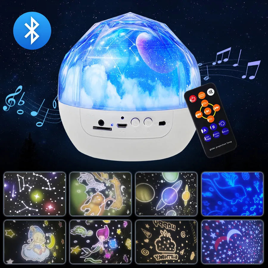 Compact plastic starry sky projector showing cosmic projection on a wall with USB cable.