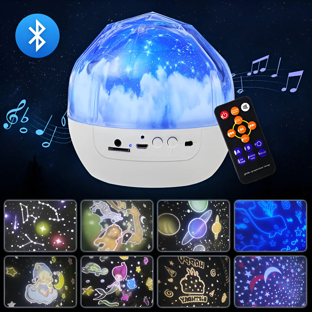 Compact plastic starry sky projector showing cosmic projection on a wall with USB cable.