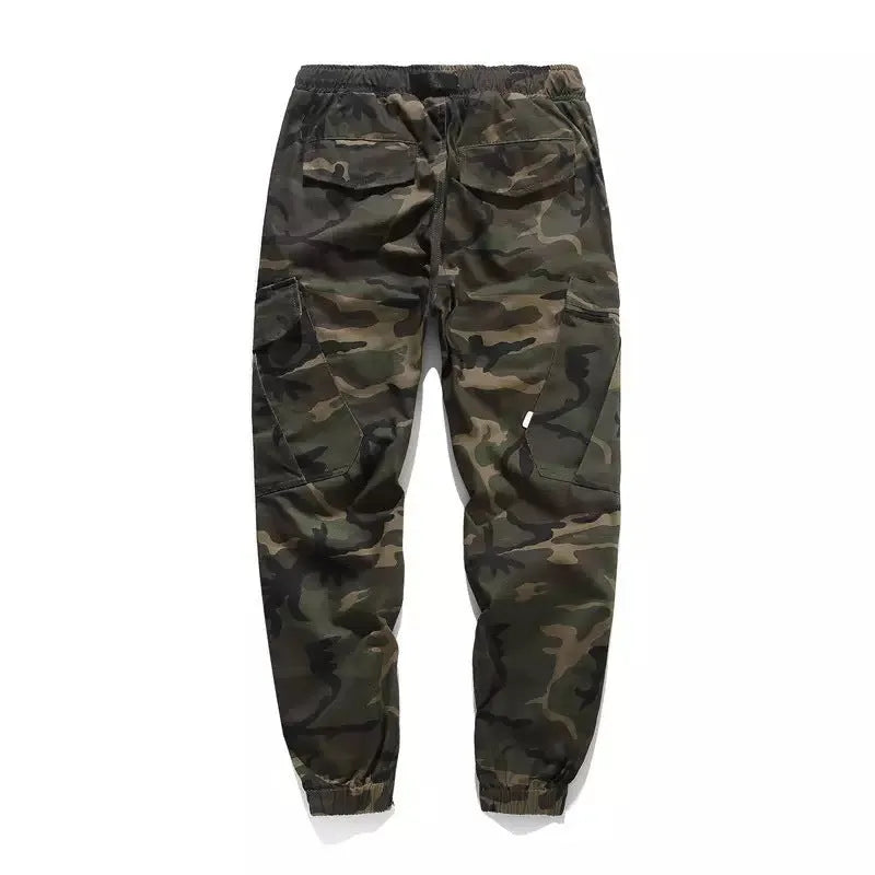 Camouflage men's Lycra jogger jeans with straight tube double waist design shown in front view