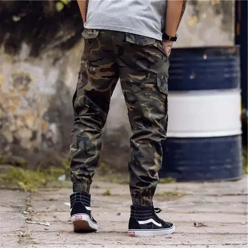 Camouflage men's Lycra jogger jeans with straight tube double waist design shown in front view