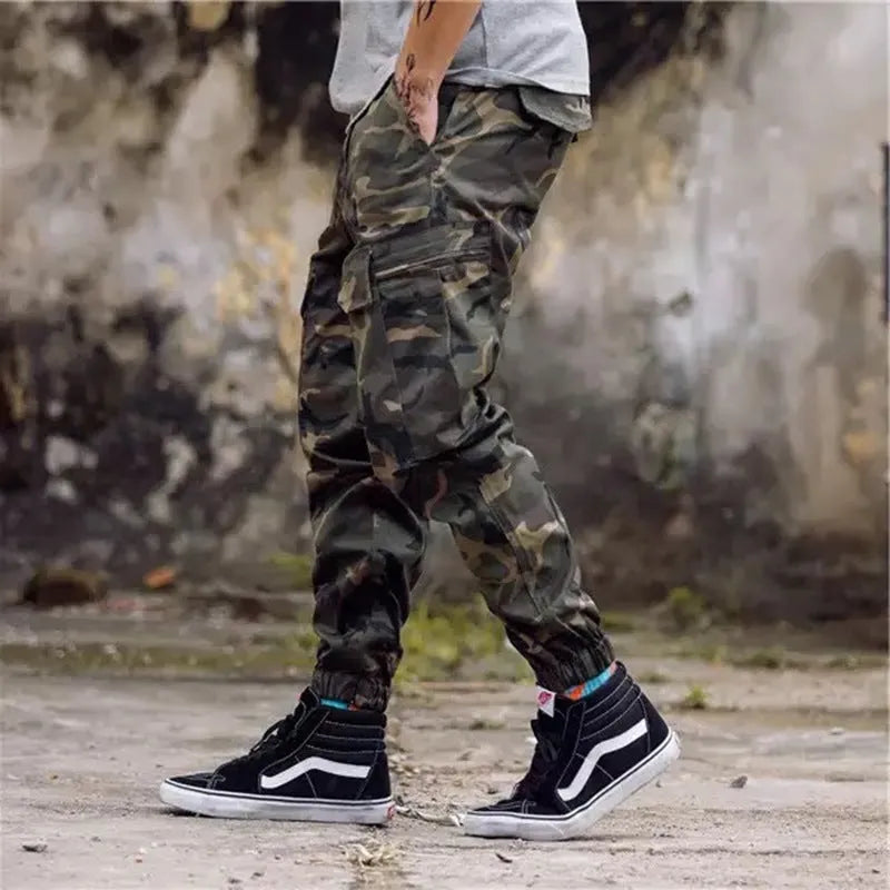 Camouflage men's Lycra jogger jeans with straight tube double waist design shown in front view