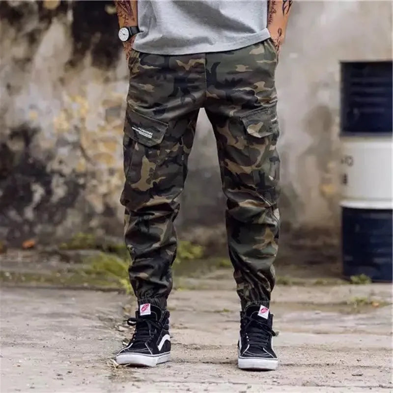 Camouflage men's Lycra jogger jeans with straight tube double waist design shown in front view