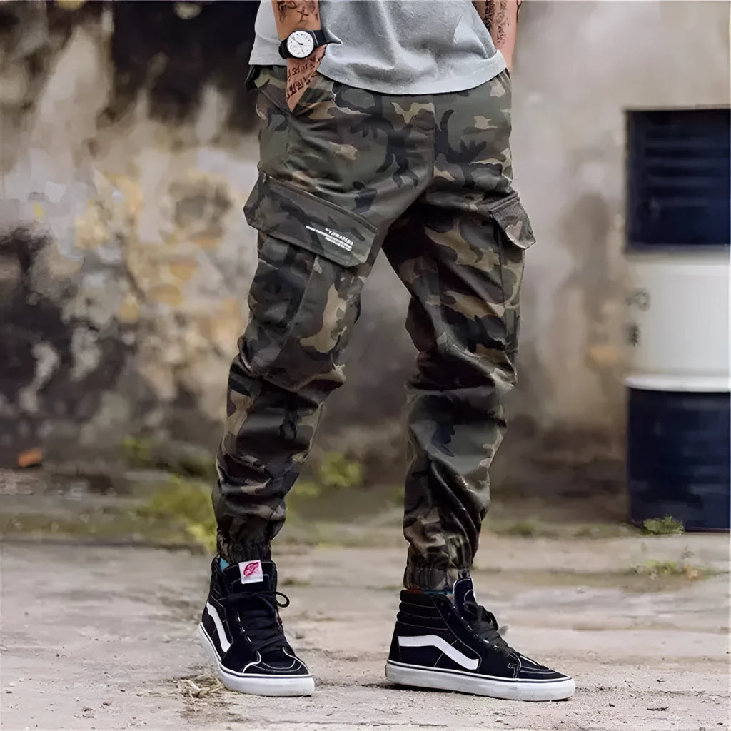 Camouflage men's Lycra jogger jeans with straight tube double waist design shown in front view