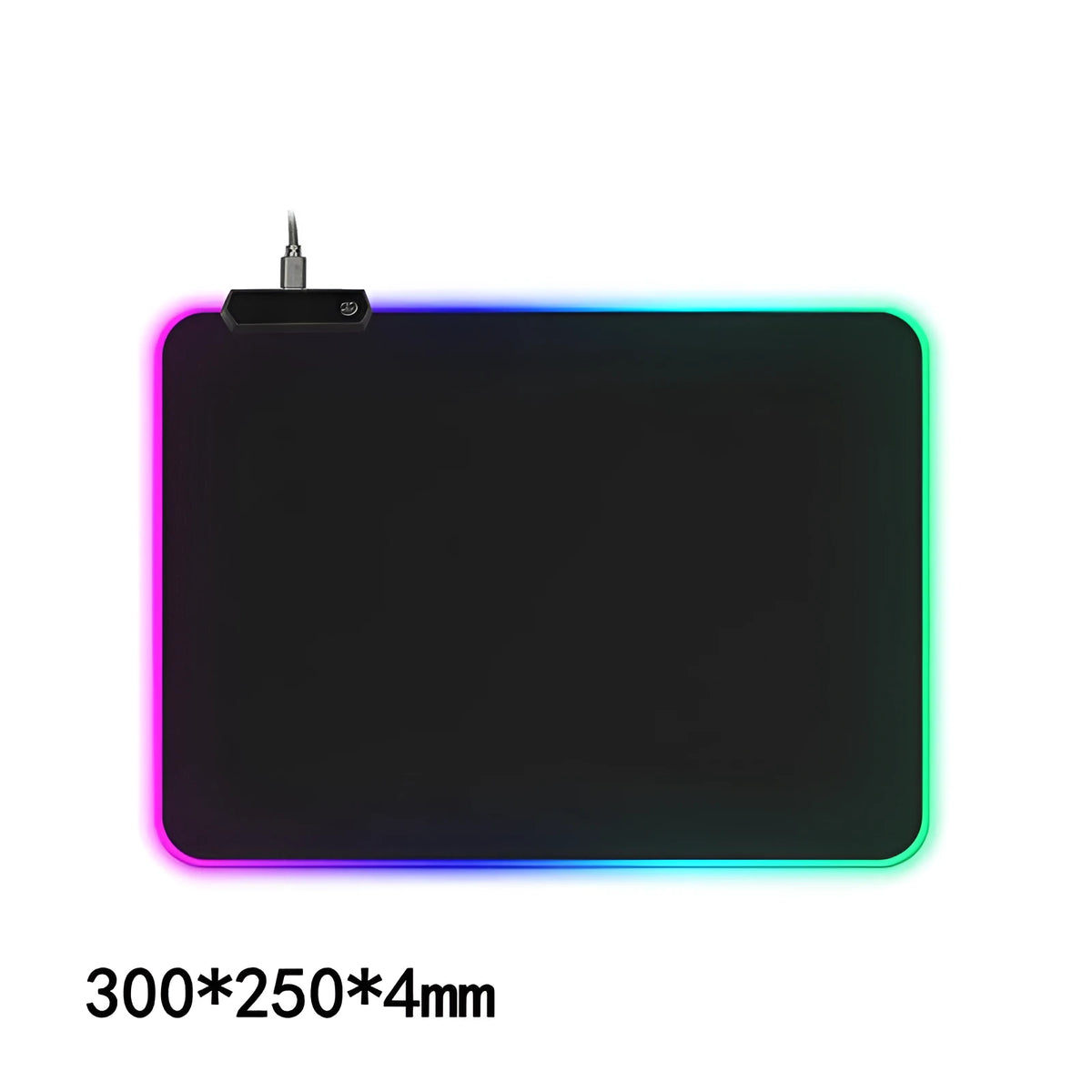 Large RGB luminous gaming mouse pad with colourful waterproof cloth surface on desk with keyboard and mouse