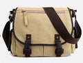Men's canvas shoulder bag in khaki with cover-type opening and single strap, medium size