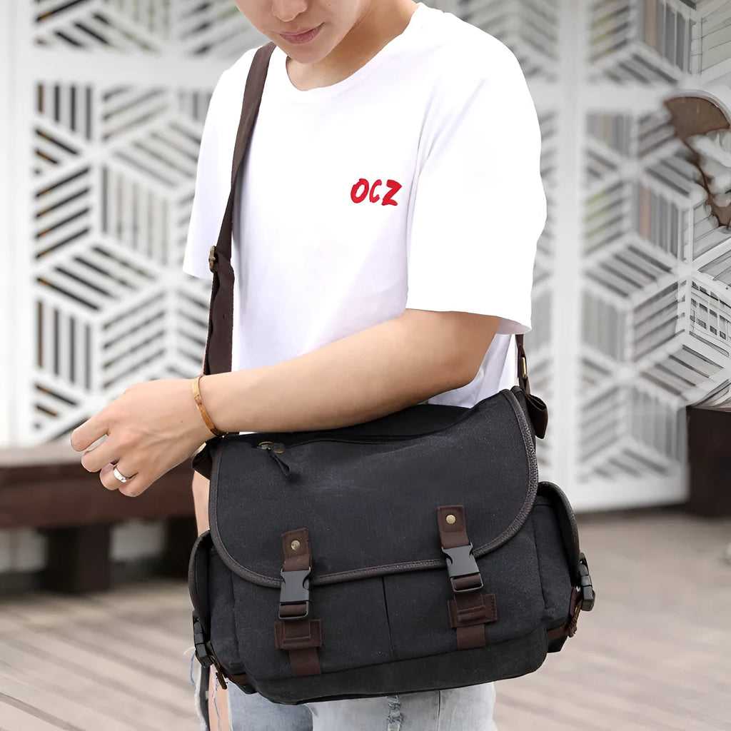 Men's canvas shoulder bag in khaki with cover-type opening and single strap, medium size
