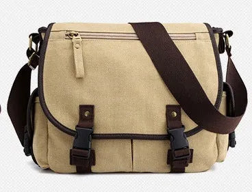 Men's canvas shoulder bag in khaki with cover-type opening and single strap, medium size