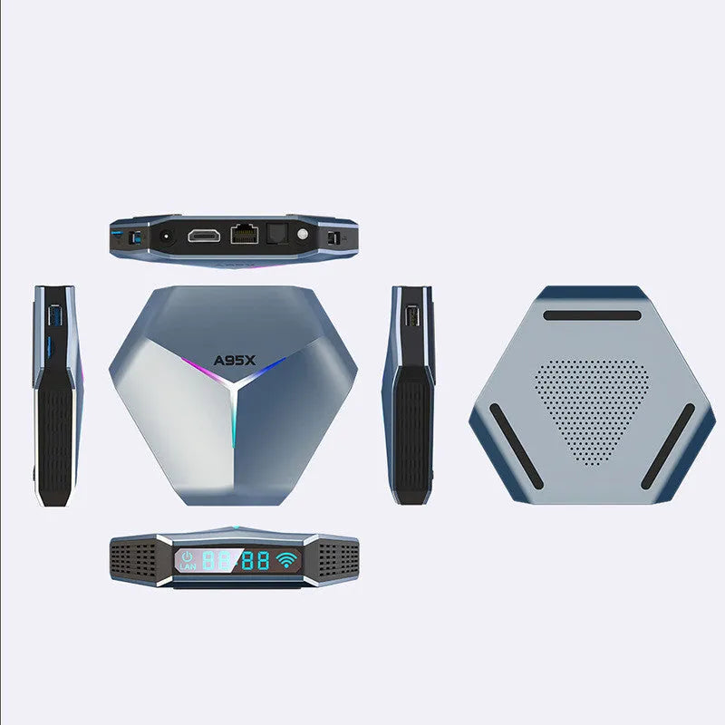 Android TV set-top box for 8K streaming with remote control, HD cable, and power adapter.