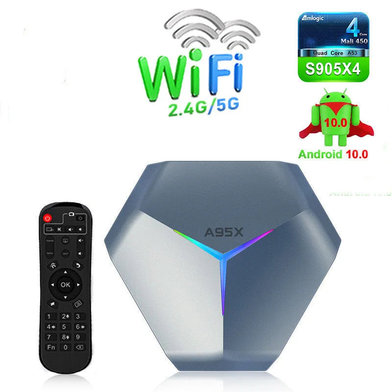 Android TV set-top box for 8K streaming with remote control, HD cable, and power adapter.