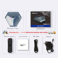 Android TV set-top box for 8K streaming with remote control, HD cable, and power adapter.
