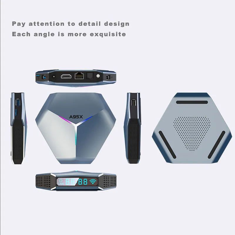Android TV set-top box for 8K streaming with remote control, HD cable, and power adapter.
