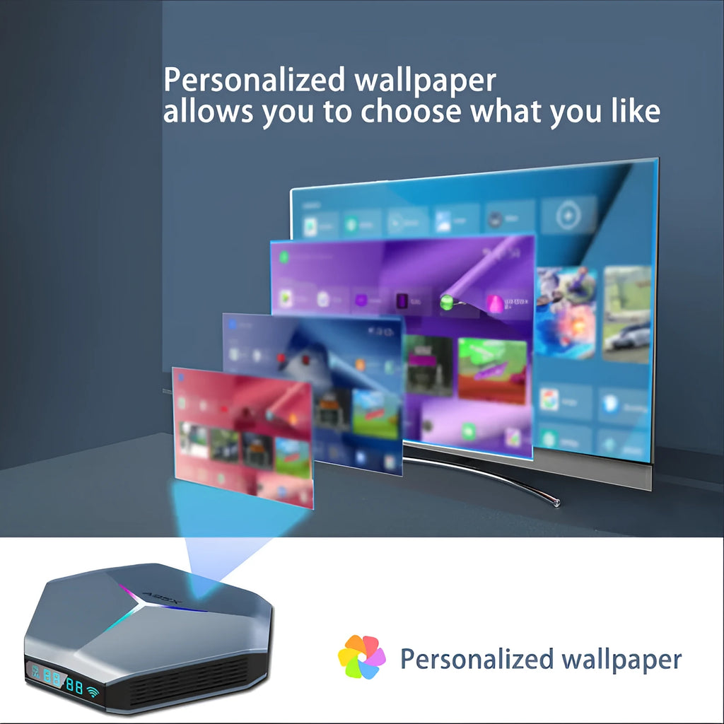Android TV set-top box for 8K streaming with remote control, HD cable, and power adapter.