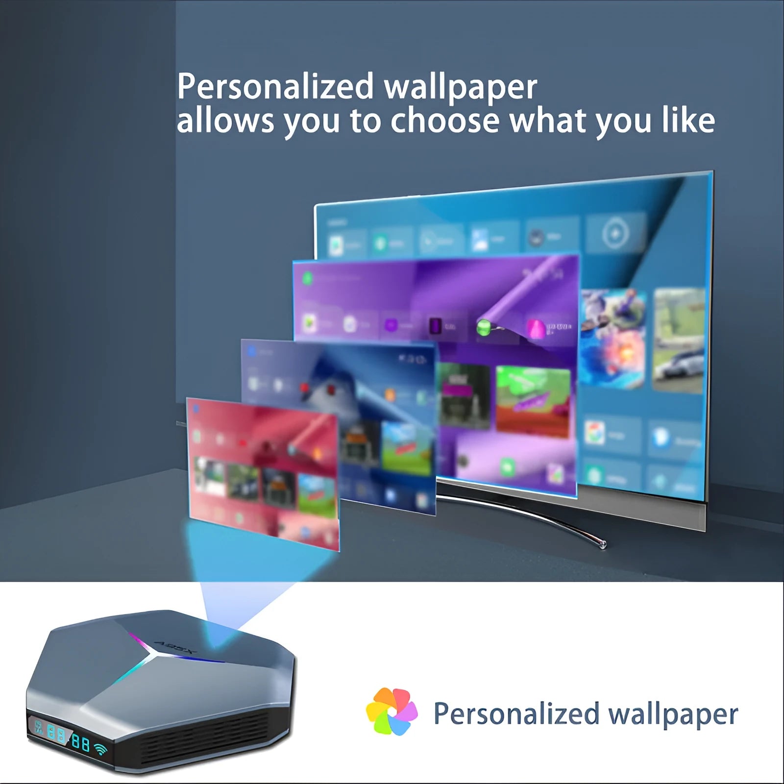 Android TV set-top box for 8K streaming with remote control, HD cable, and power adapter.