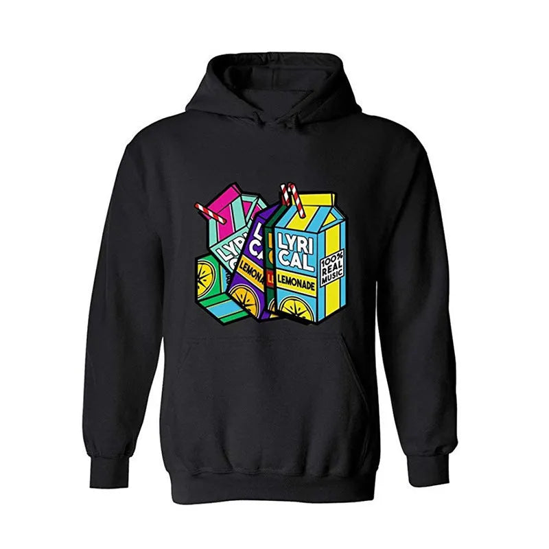 Lyrical Lemonade digital print hooded sweater in pink with three-dimensional patch pocket and lemon pattern on front
