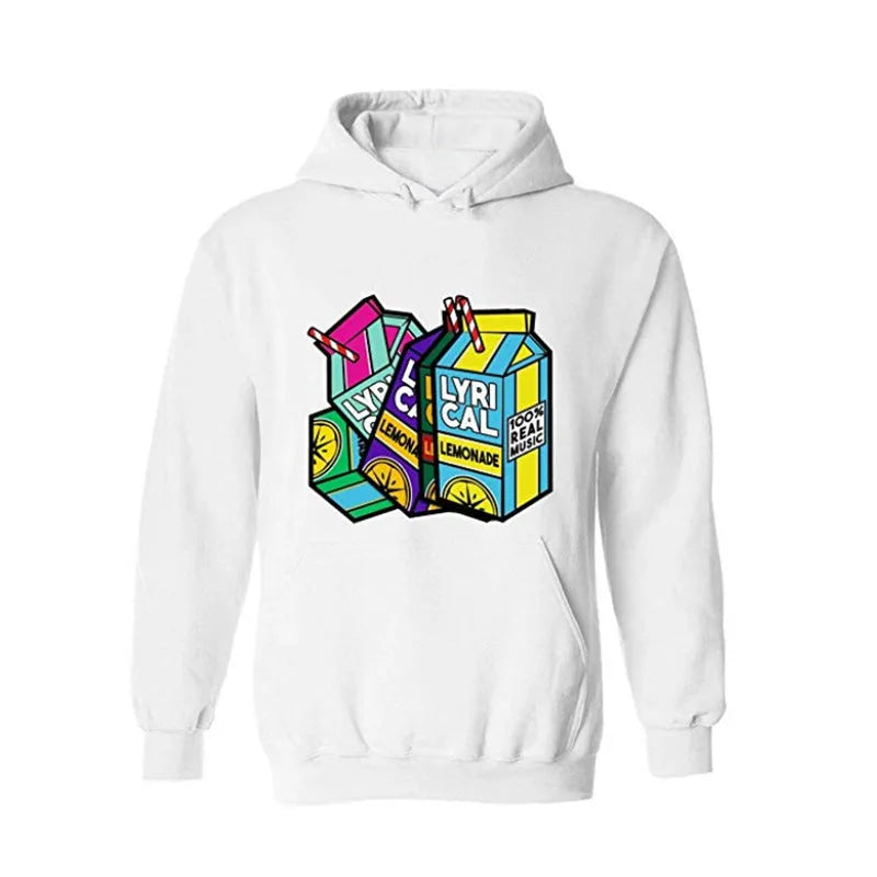 Lyrical Lemonade digital print hooded sweater in pink with three-dimensional patch pocket and lemon pattern on front