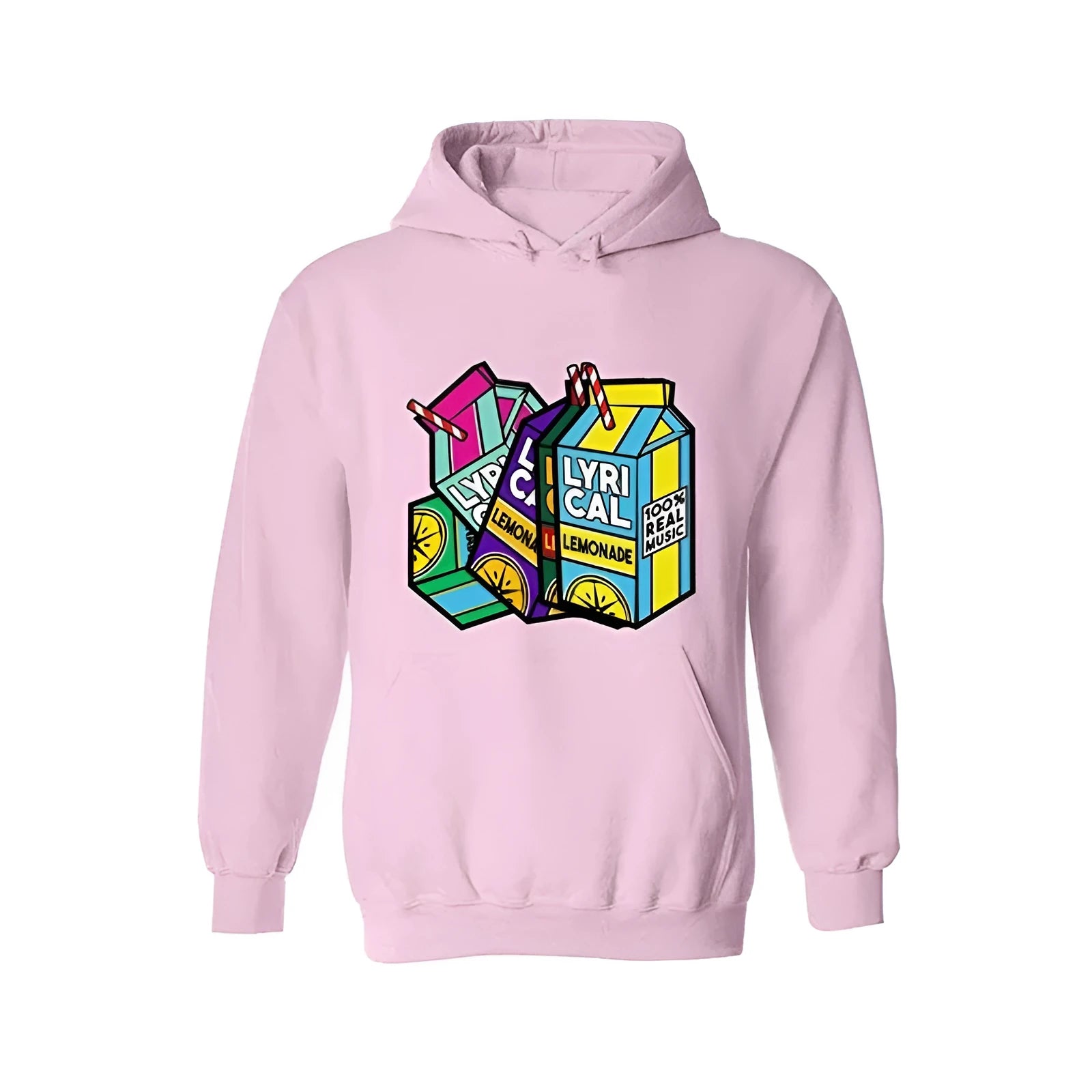Lyrical Lemonade digital print hooded sweater in pink with three-dimensional patch pocket and lemon pattern on front