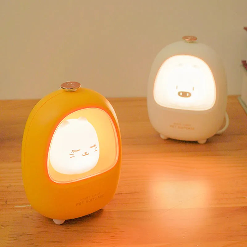 Cartoon character night light on bedside table with USB charging cable