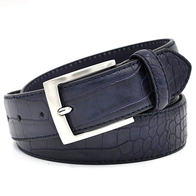 Men's faux leather waist belt with alloy pin buckle and split pattern in black