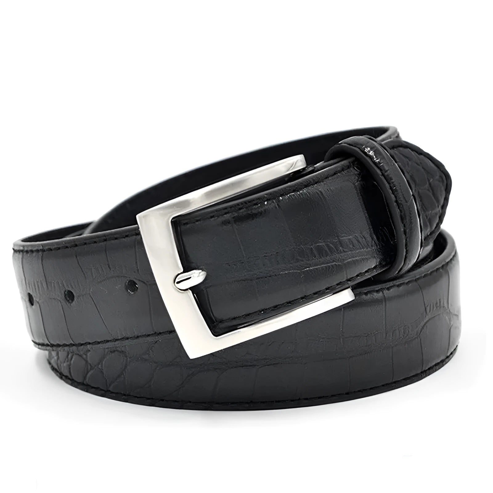 Men's faux leather waist belt with alloy pin buckle and split pattern in black