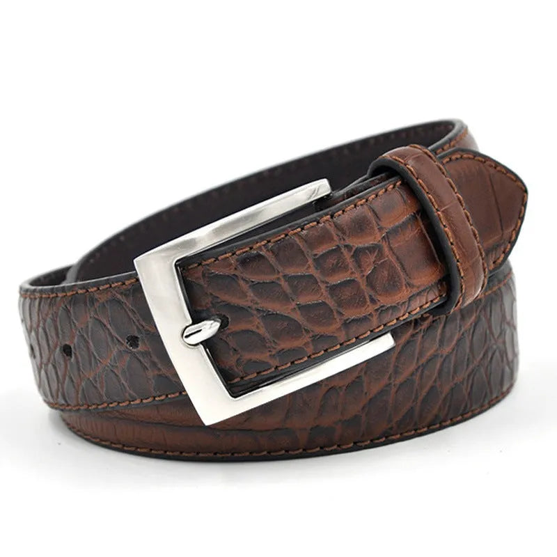 Men's faux leather waist belt with alloy pin buckle and split pattern in black