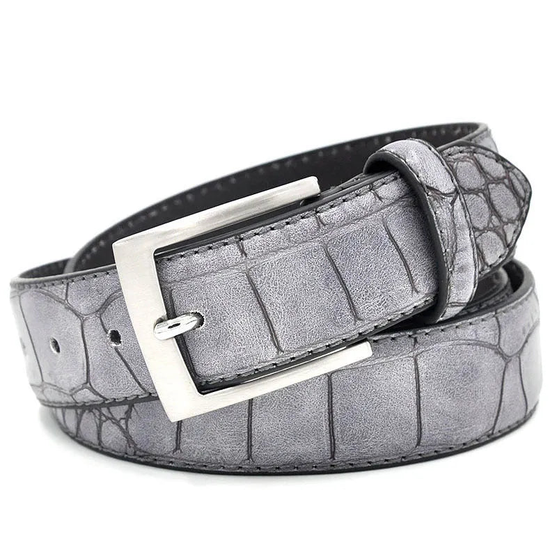 Men's faux leather waist belt with alloy pin buckle and split pattern in black